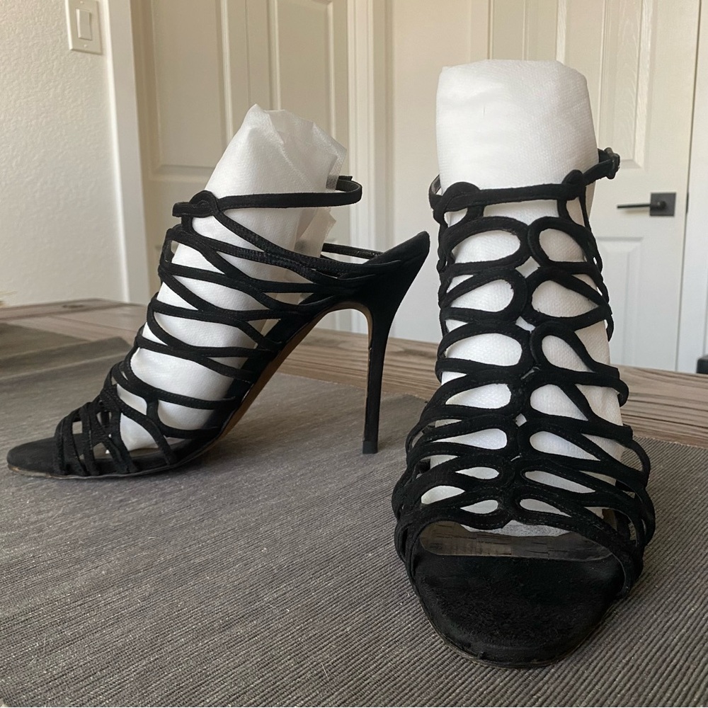 41 Manolo Blahnik Coddila Strappy Suede Stiletto Heels
